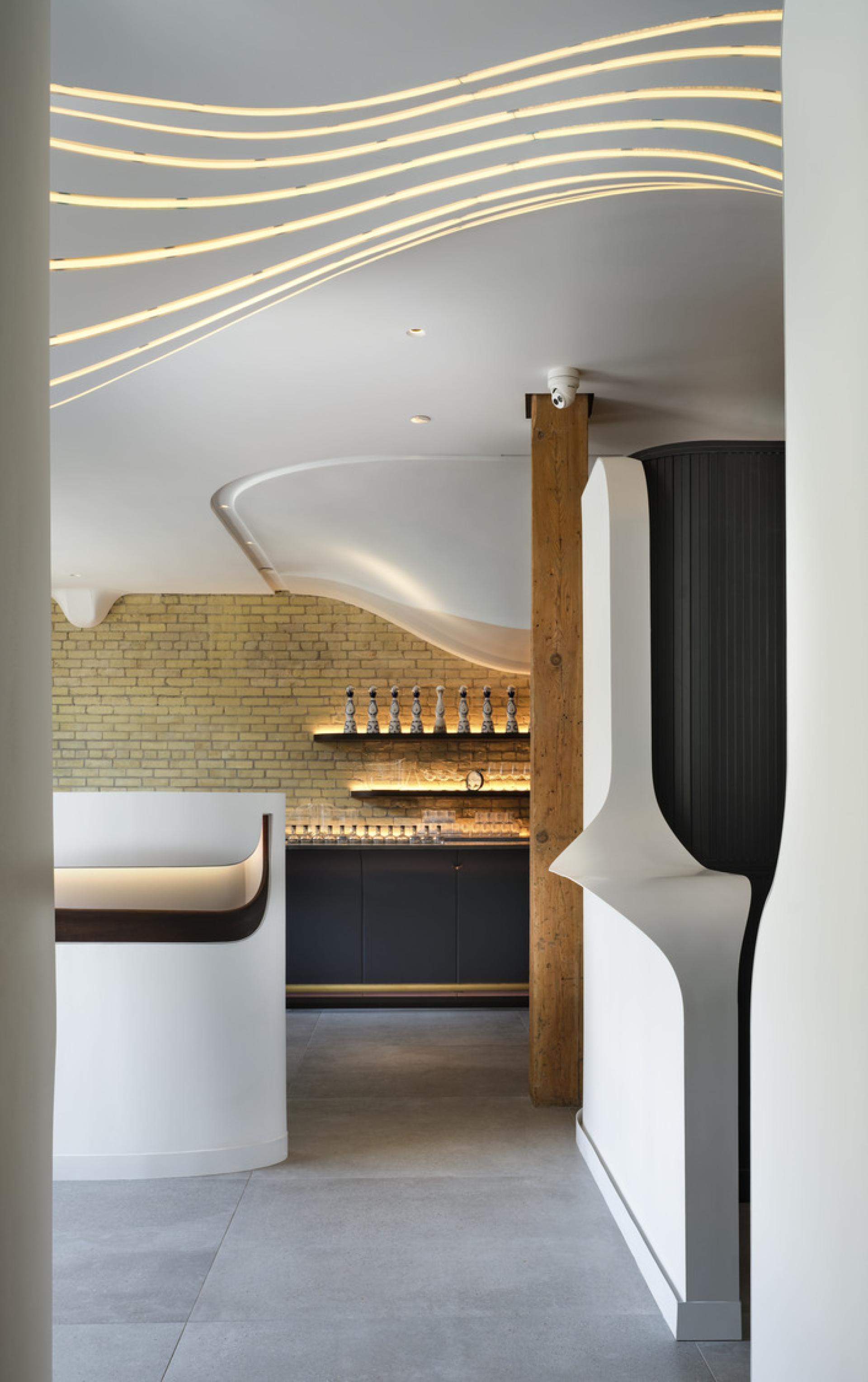 Modern restaurant interior of VELA showcasing curved design elements and ambient lighting inspired by constellations.