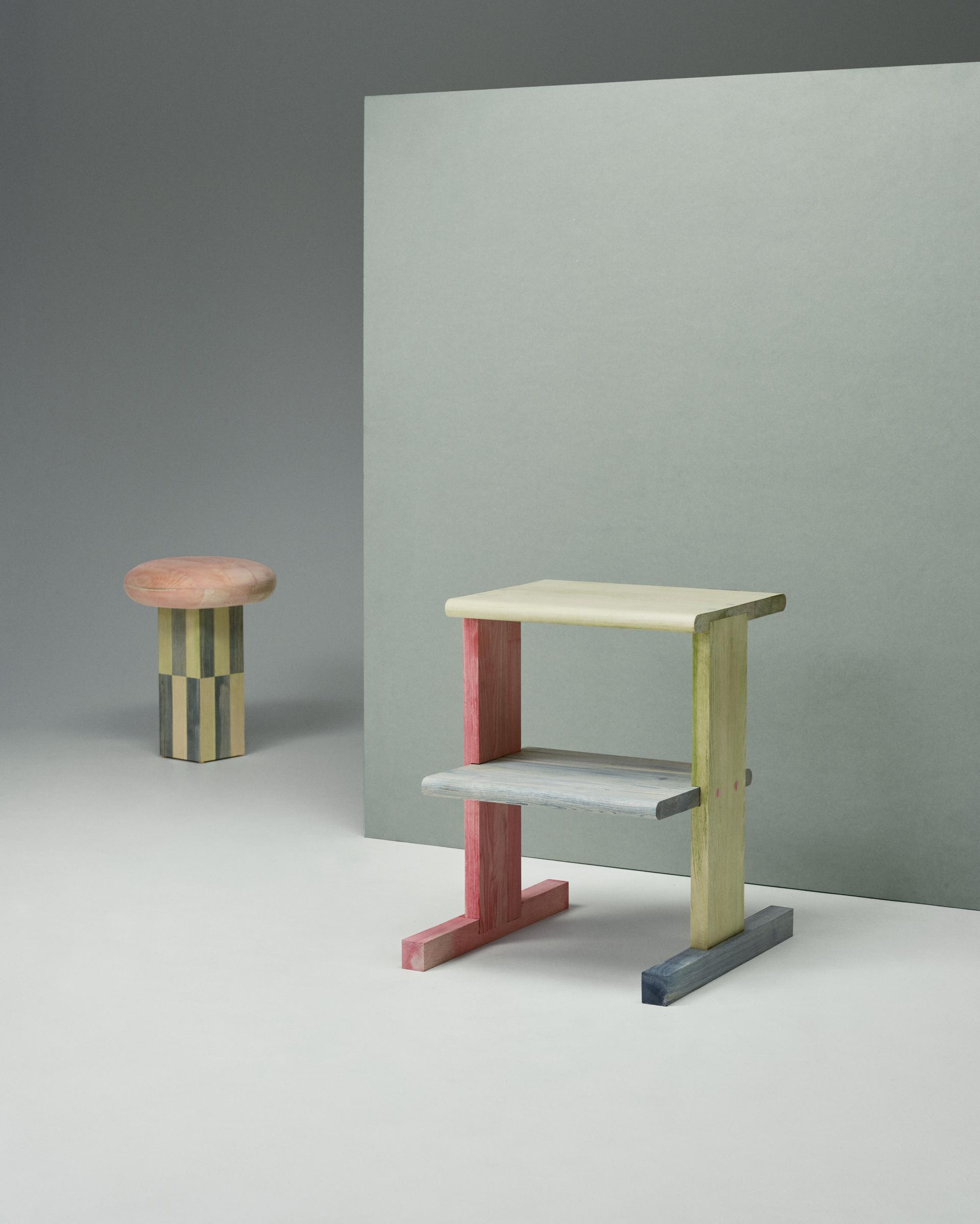 Colorful, modern furniture pieces showcasing circular design principles at Norwegian Presence 2023, Milan Design Week.