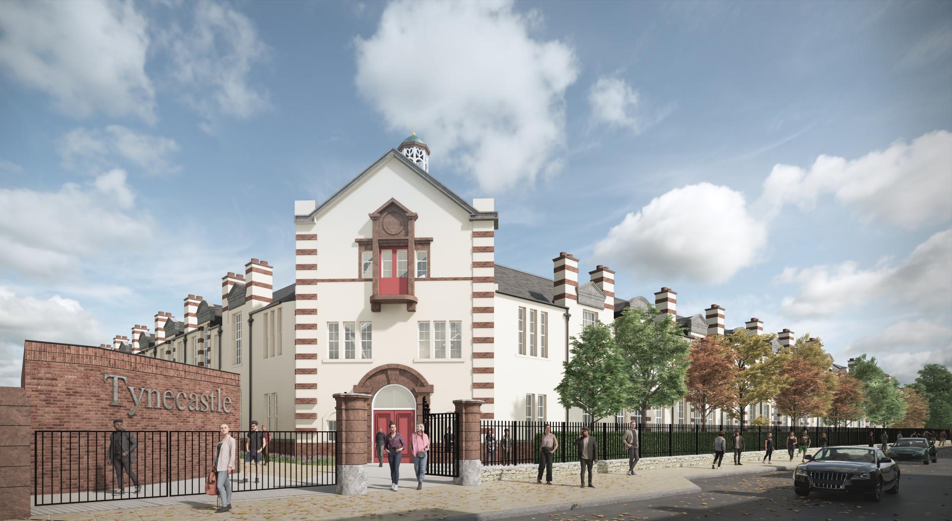 Modern architectural rendering of Tynecastle, showcasing residential development with trees, pedestrians, and a focus on Scotland's BTR needs.