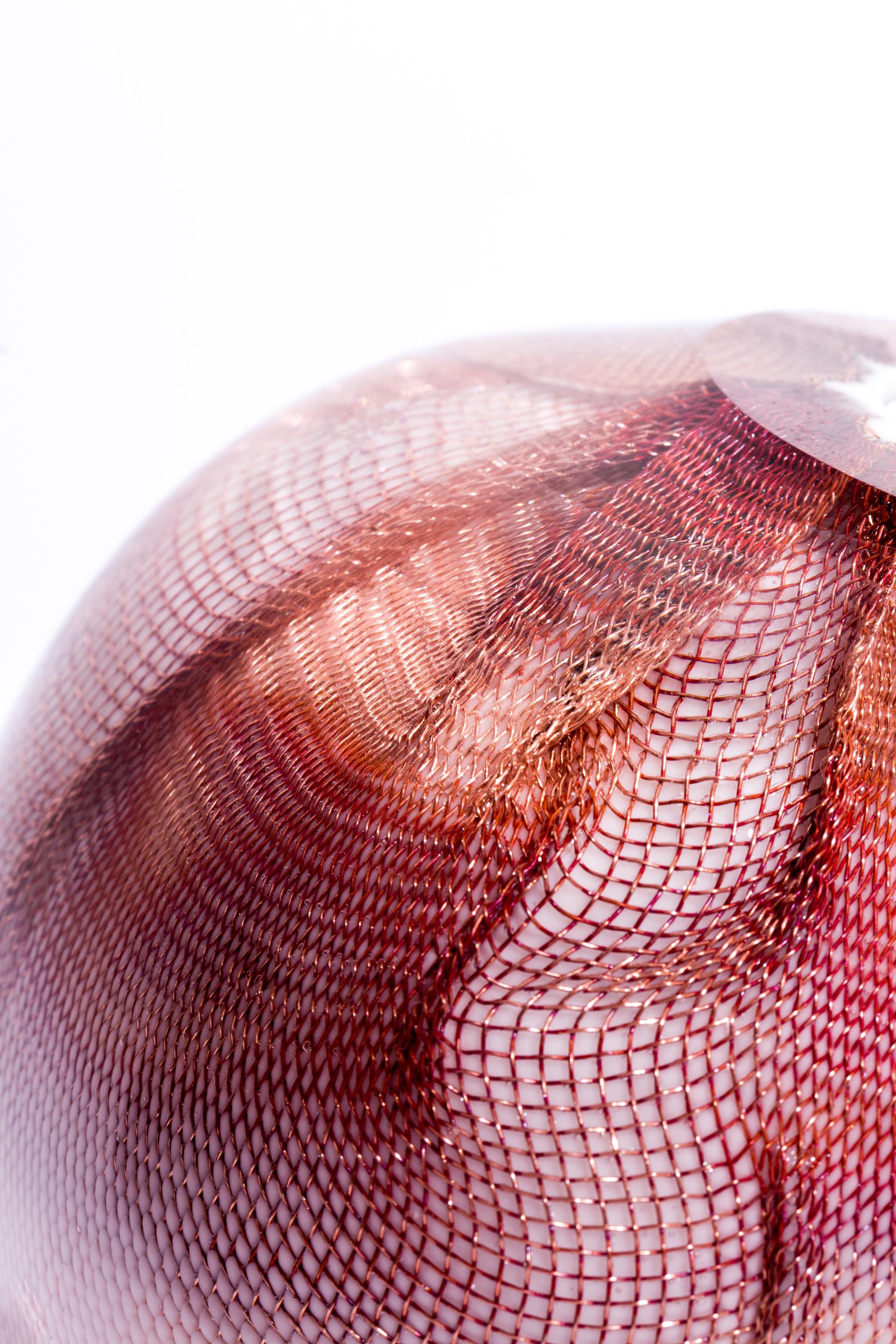 Delicate glass sculpture with intricate red wire mesh patterns, showcasing Bocci's innovative approach to craft and creative design.