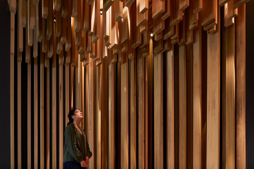 A visitor admires the intricate American Tulipwood Pavilion installation at the Design Museum, showcasing David Adjaye's architectural design.
