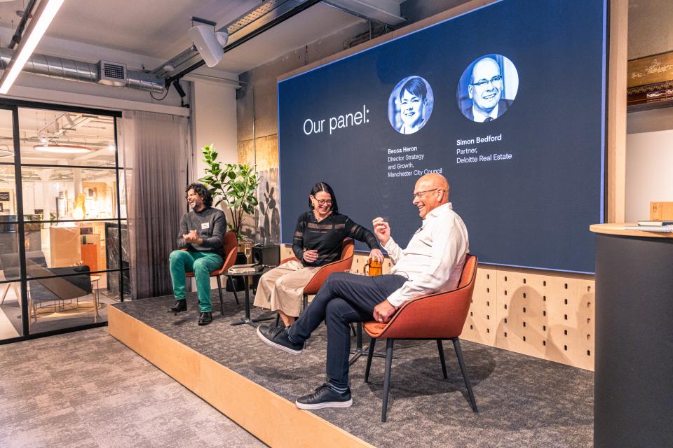 Panel discussion featuring Becca Heron and Simon Bedford, exploring Manchester's property growth trends and strategies.