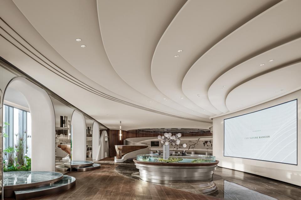Modern workspace design featuring elegant curves, natural elements, and interactive technology in Wenzhou City's tallest tower.