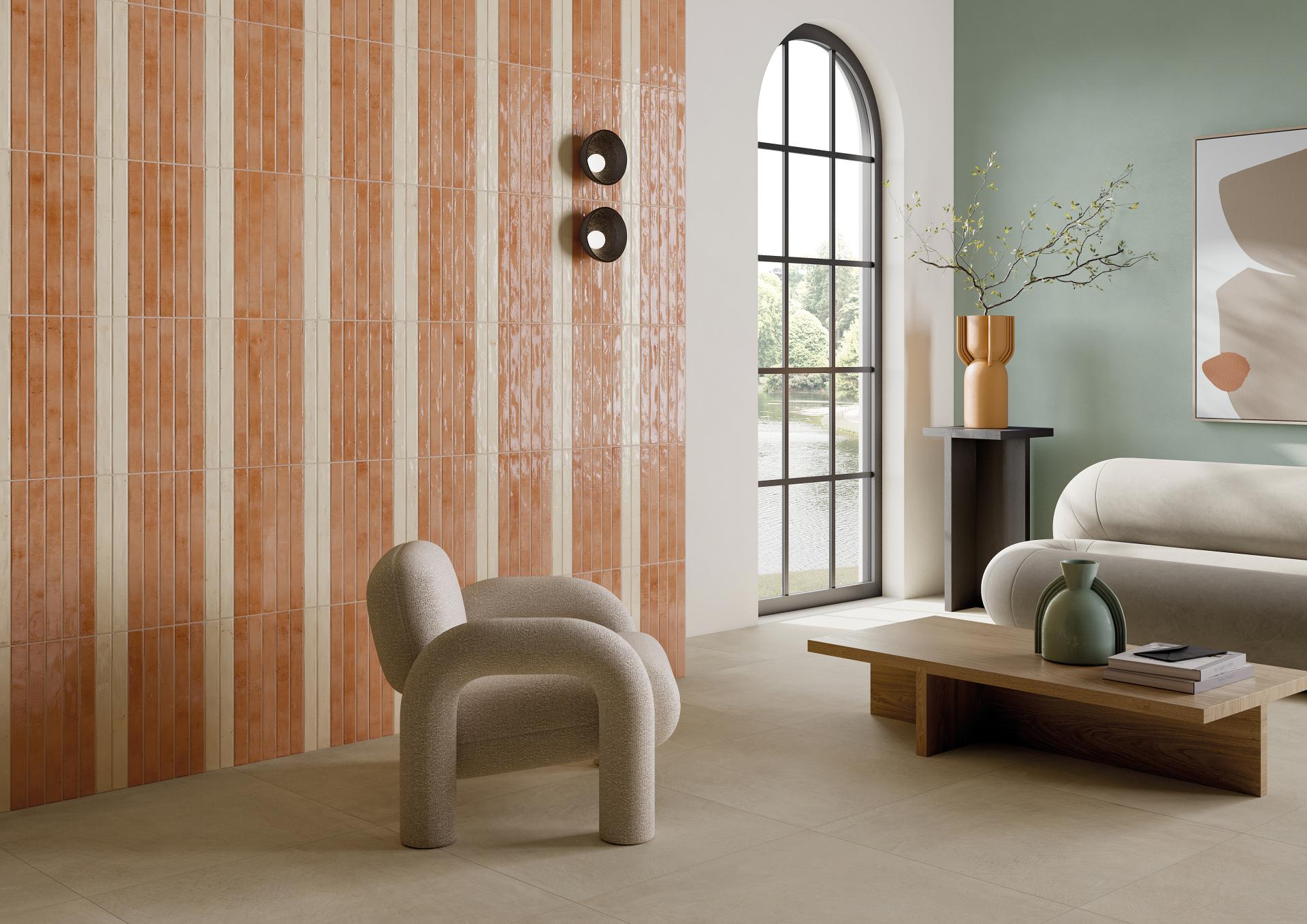 Stylish living room featuring Grestec's Mastreta elongated tiles, modern furniture, and a vibrant green accent wall.