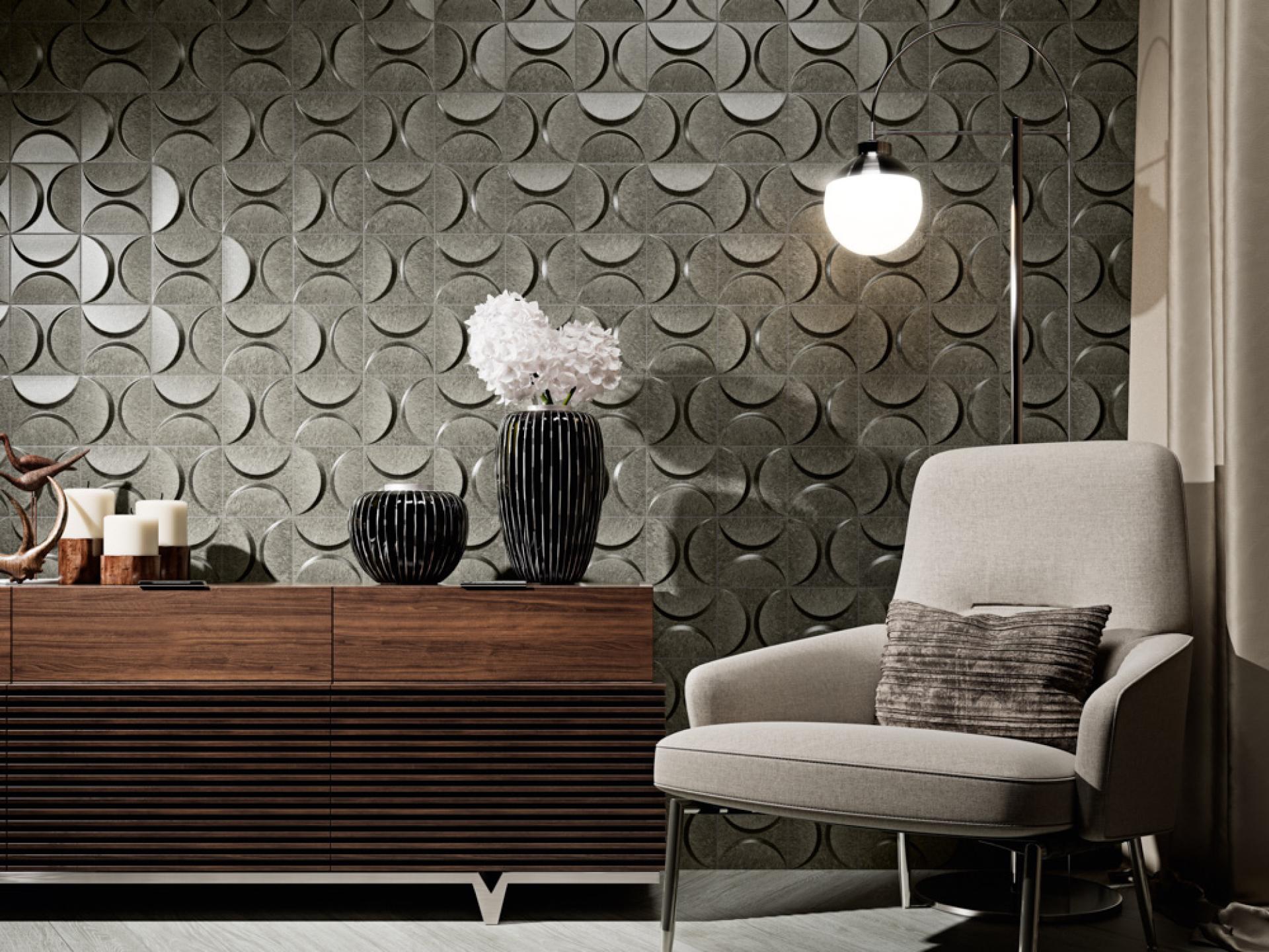 Contemporary living space featuring patterned tiles, a wooden sideboard, and stylish decor elements, showcasing Spanish tile design trends.