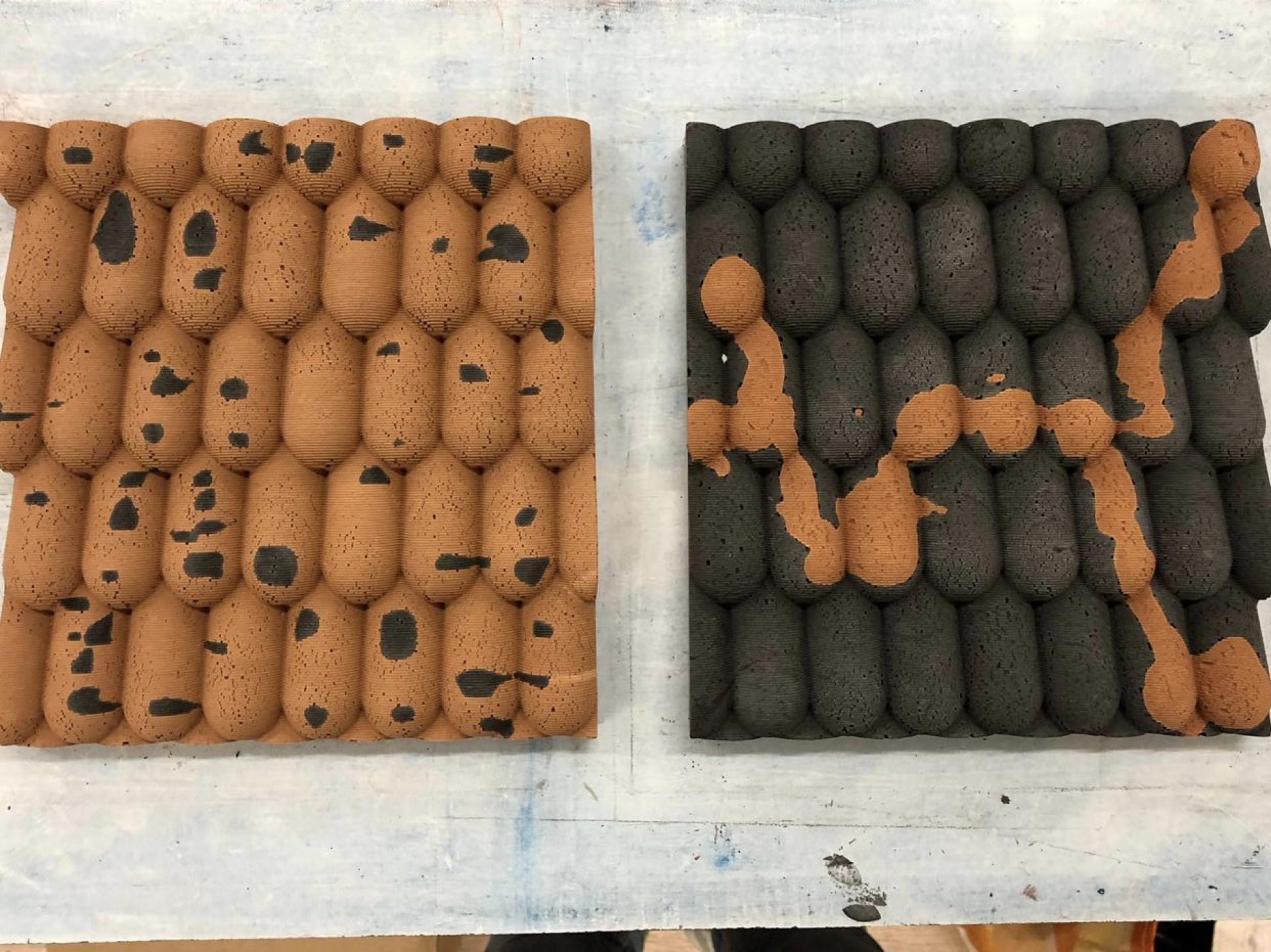 Textured clay samples displayed in two colors, showcasing innovative material designs at the Surface Design Show 2019.