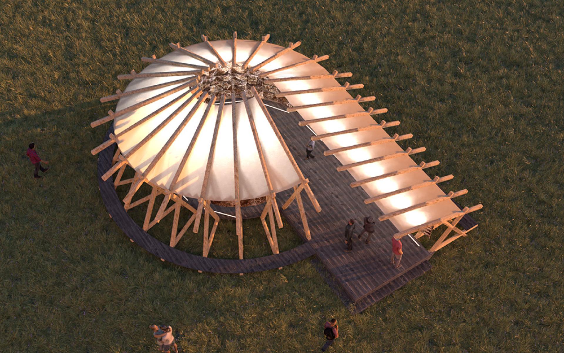 Glastonbury Festival's Hayes Pavilion features a unique fungi-inspired design with visitors interacting in a vibrant outdoor setting.
