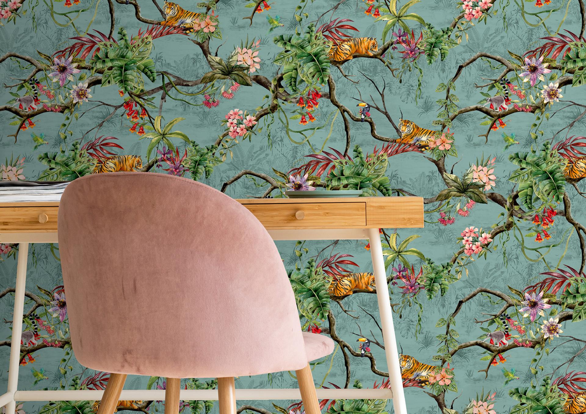 Vibrant nature-inspired wallcovering featuring tropical plants, flowers, and playful tigers, ideal for interior decor.