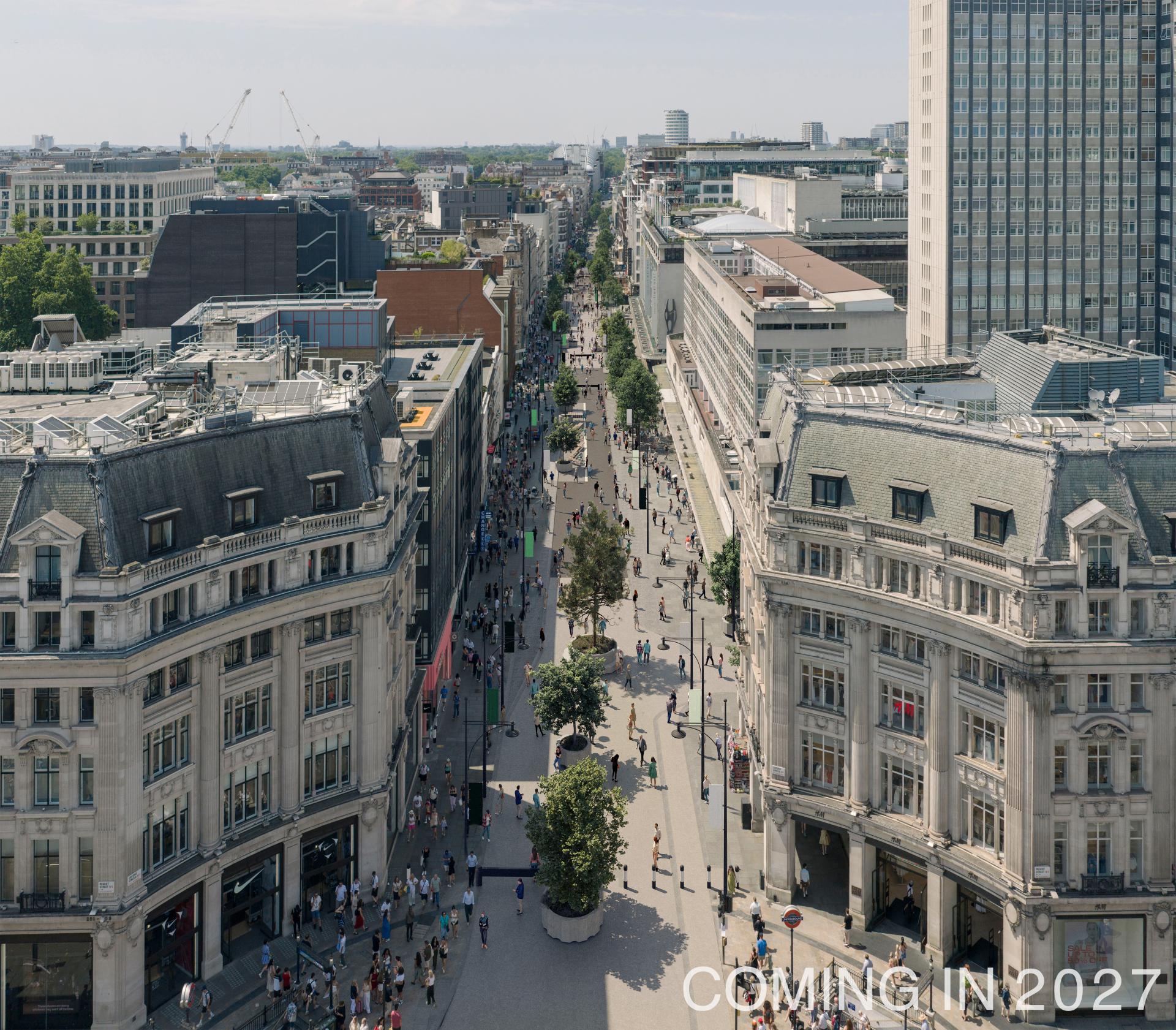 First phase of Oxford Street pedestrianisation unveiled by East and Oxford Street Development Corporation.