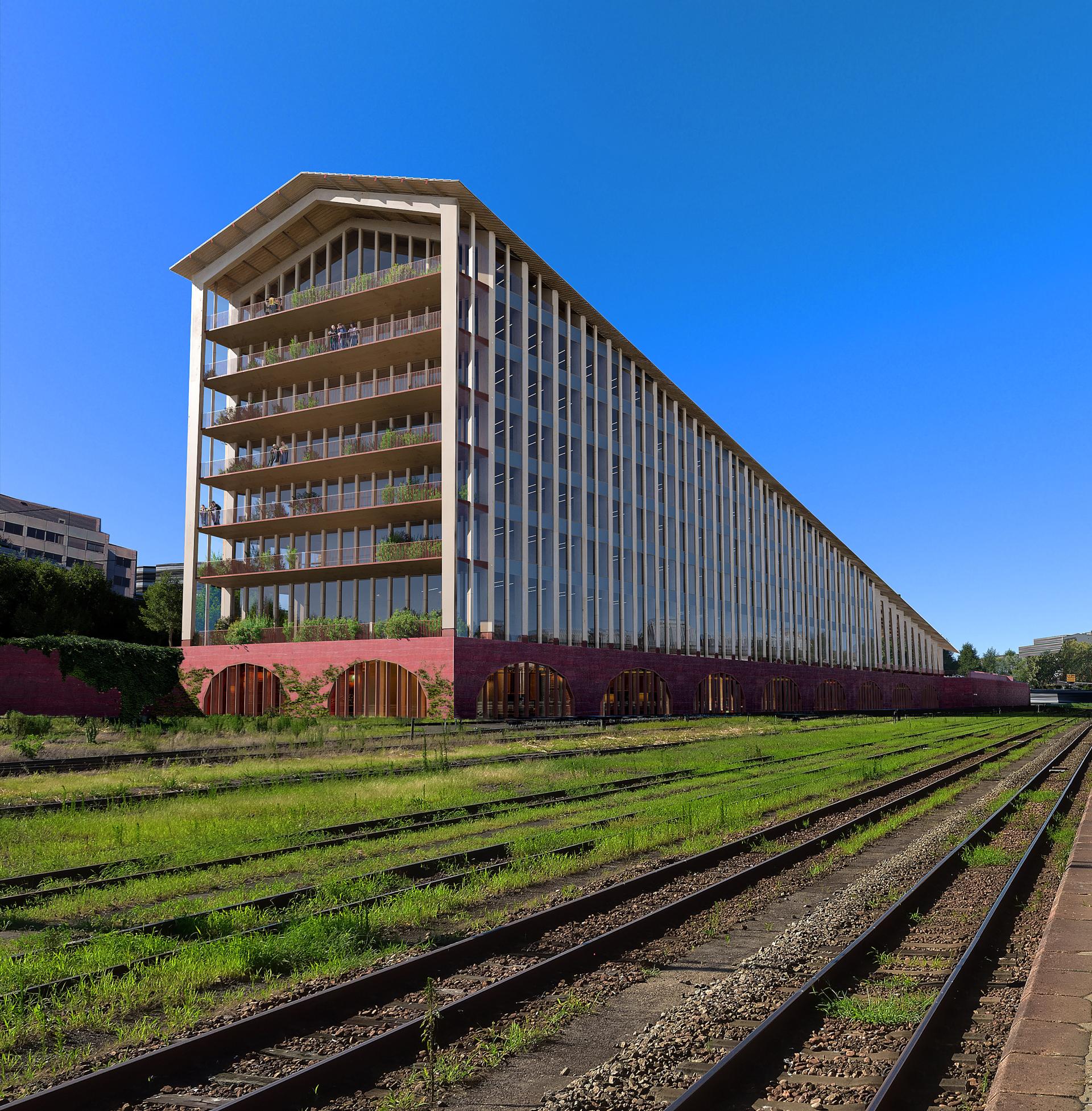 Modern bio-based mass timber transport hub designed by Bjarke Ingels Group and A+ Architects in Toulouse, showcasing sustainable architecture.