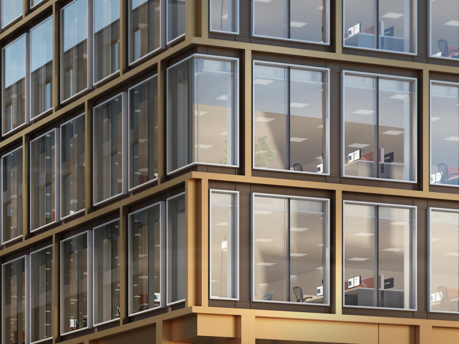Contemporary office building exterior featuring large windows, part of TP Bennett's sustainable design at Wellington Place.