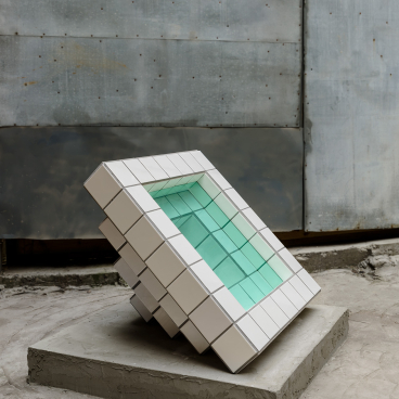 Sculpture by artist Zac Hacmon featuring subway tiles and glass, showcasing innovative design and artistic expression.