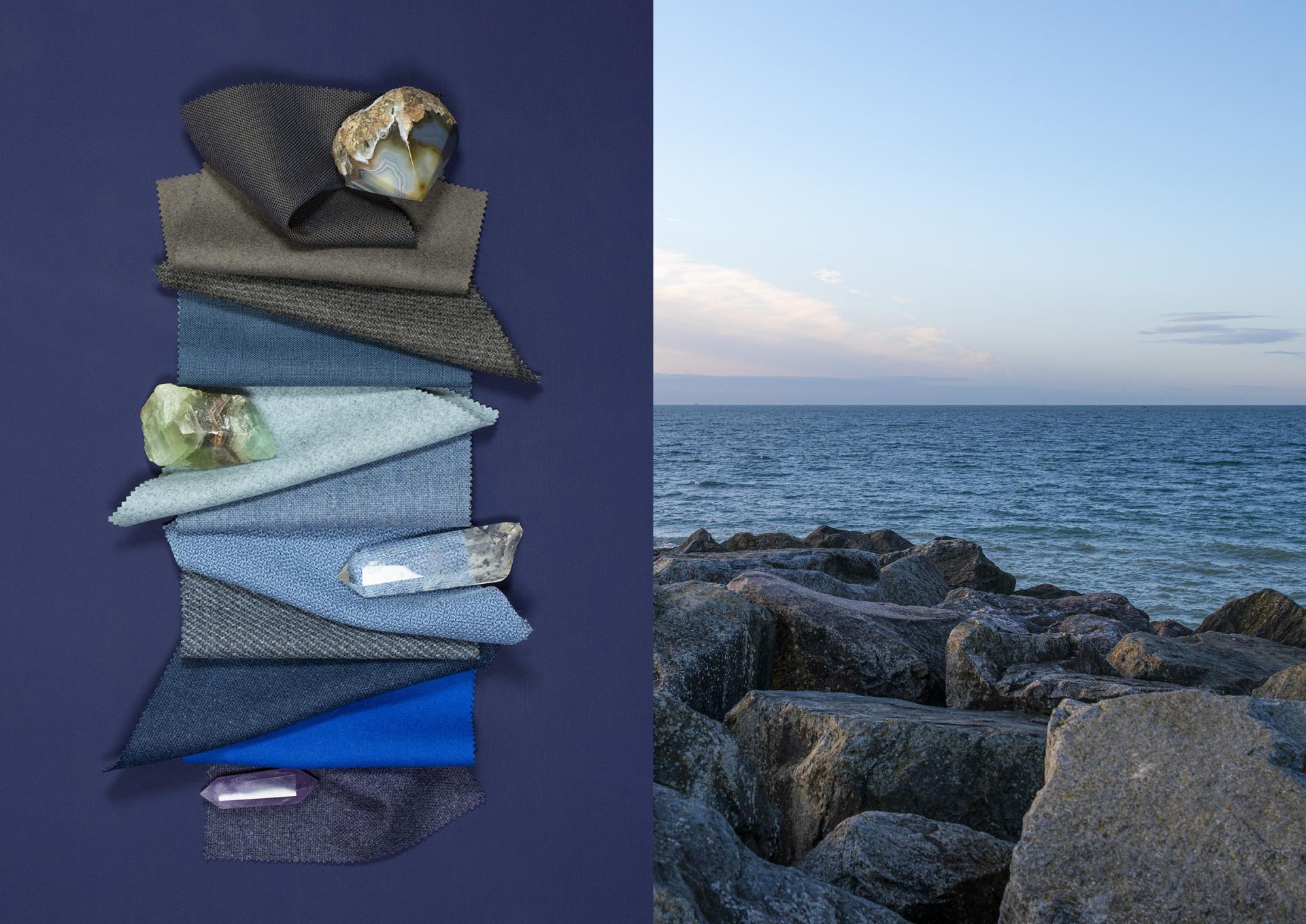 Collection of textured fabric swatches alongside natural stones, highlighting Camira's Colour Manifesto in collaboration with Luminary Colour & Style.