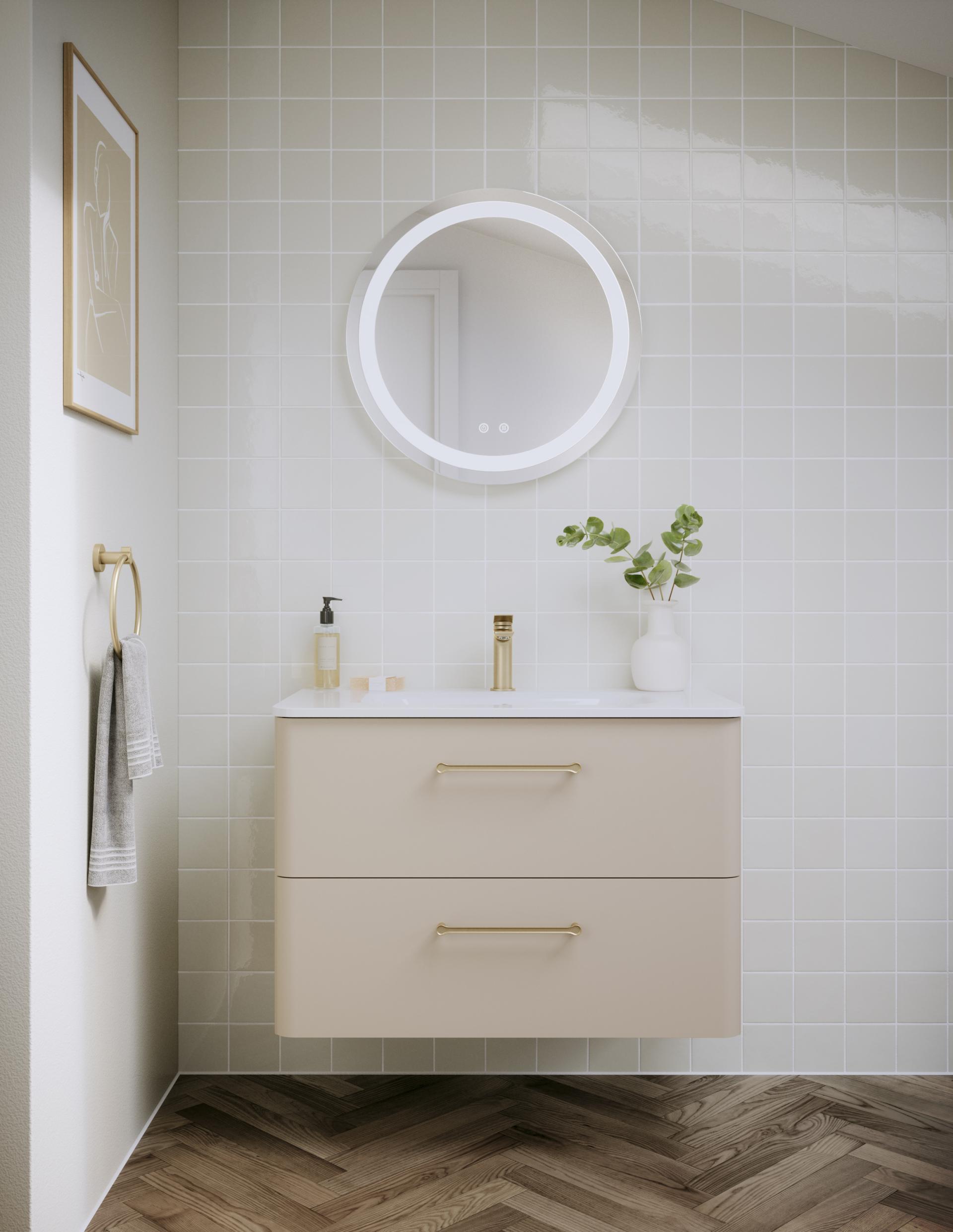 Modern bathroom with neutral tones, elegant fixtures, a round mirror, and stylish décor, reflecting Japanese Nouveau aesthetics.
