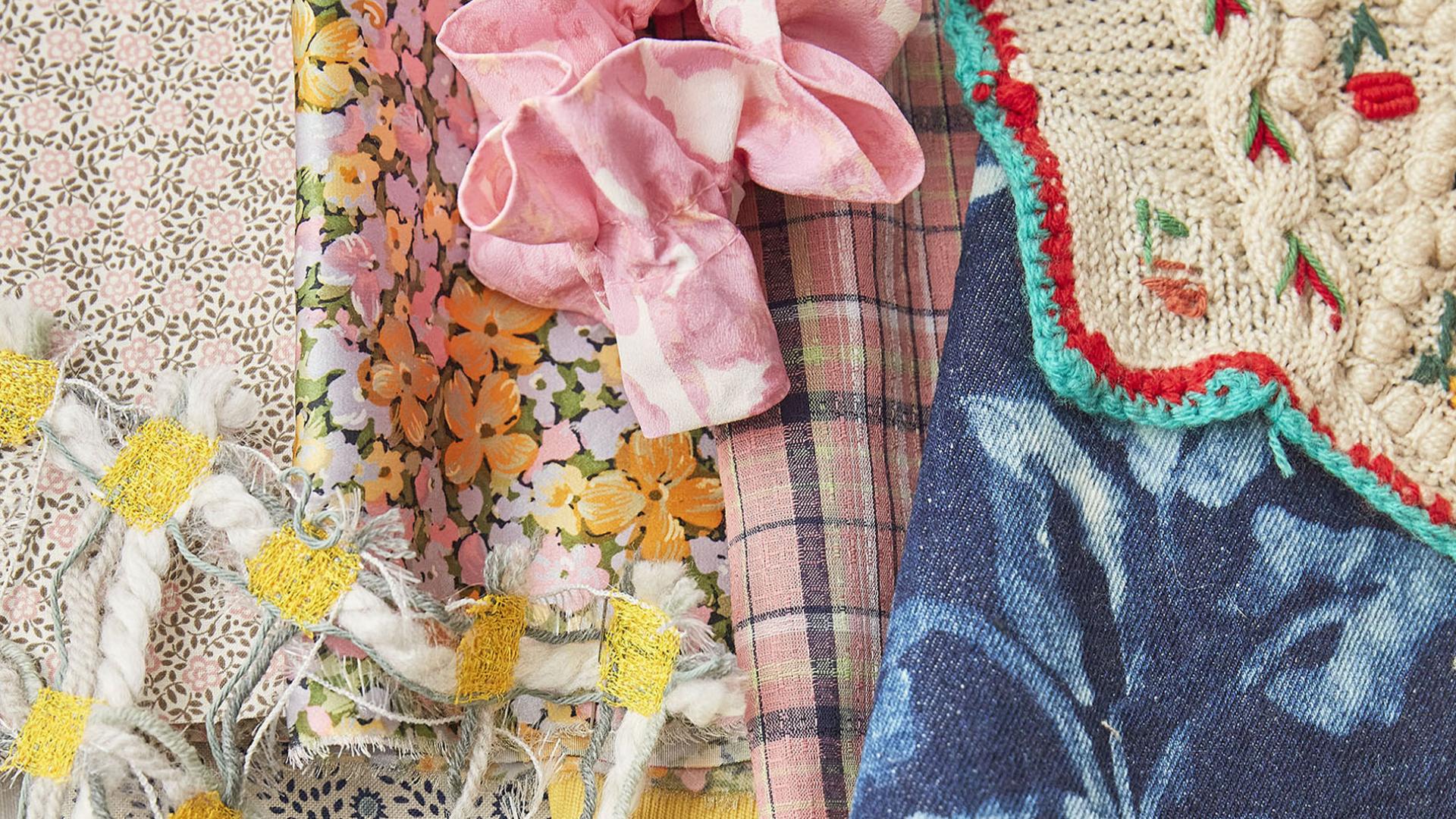 A collection of vibrant fabrics and textures showcasing Heimtextil design trends for 2021 and 2022.