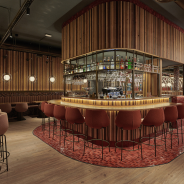 Modern bar interior design featuring wooden paneling and stylish seating, part of Masquespacio's project for Piur restaurant.