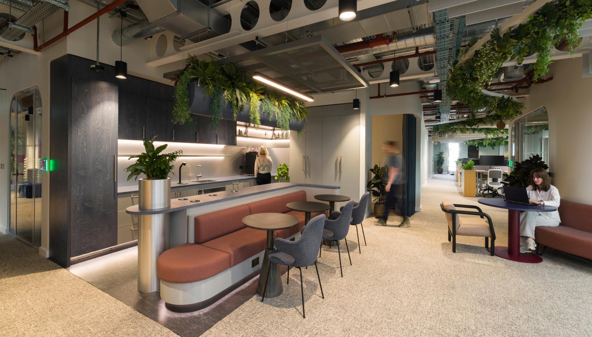 SpaceInvader's workplace scheme for Virgin Media O2 balances vibrancy with variety to support congregation and calm.