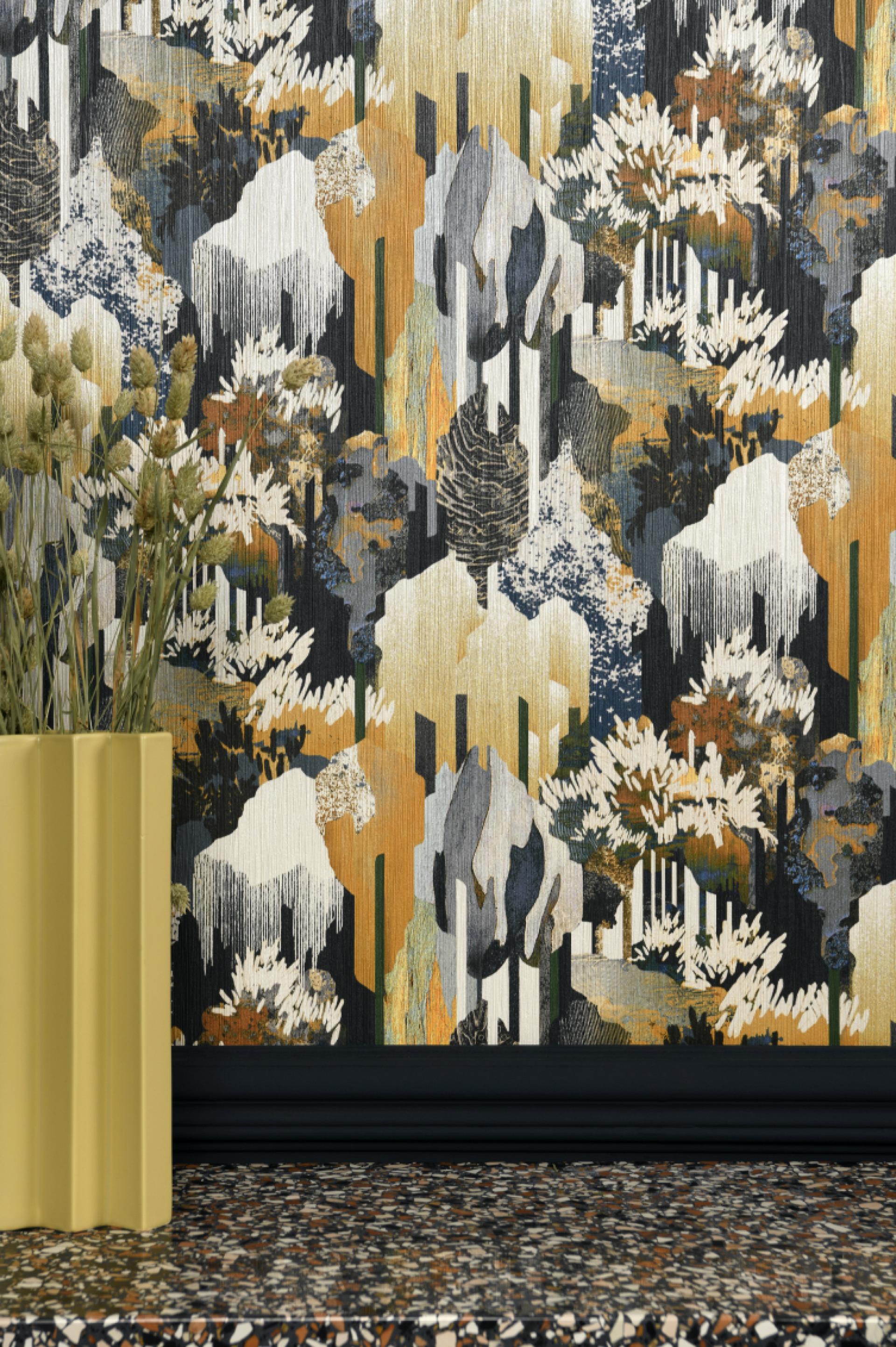Textured wallpaper with earthy tones and abstract floral patterns, complementing contemporary interior design in Lelièvre Paris's THE WALL CHAPTER 3 collection.