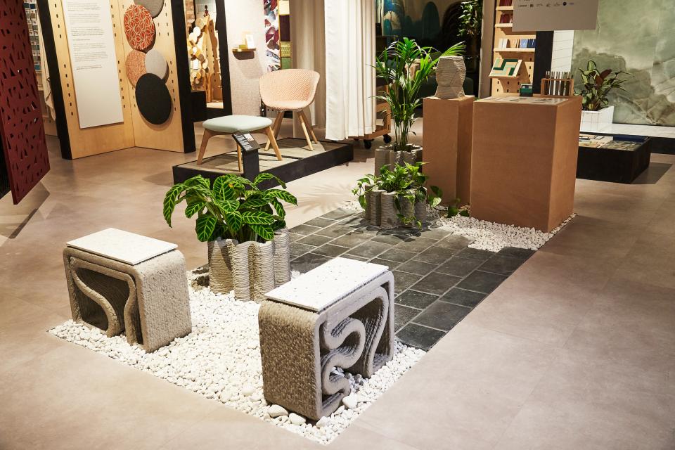 Showcasing innovative concrete furniture and greenery at the Full Circle Concrete installation in Material Source Studio, Manchester.