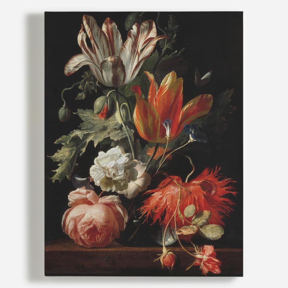 Dramatic floral arrangement featuring vibrant tulips, peonies, and intricate greenery, showcasing Surface View's new collection.