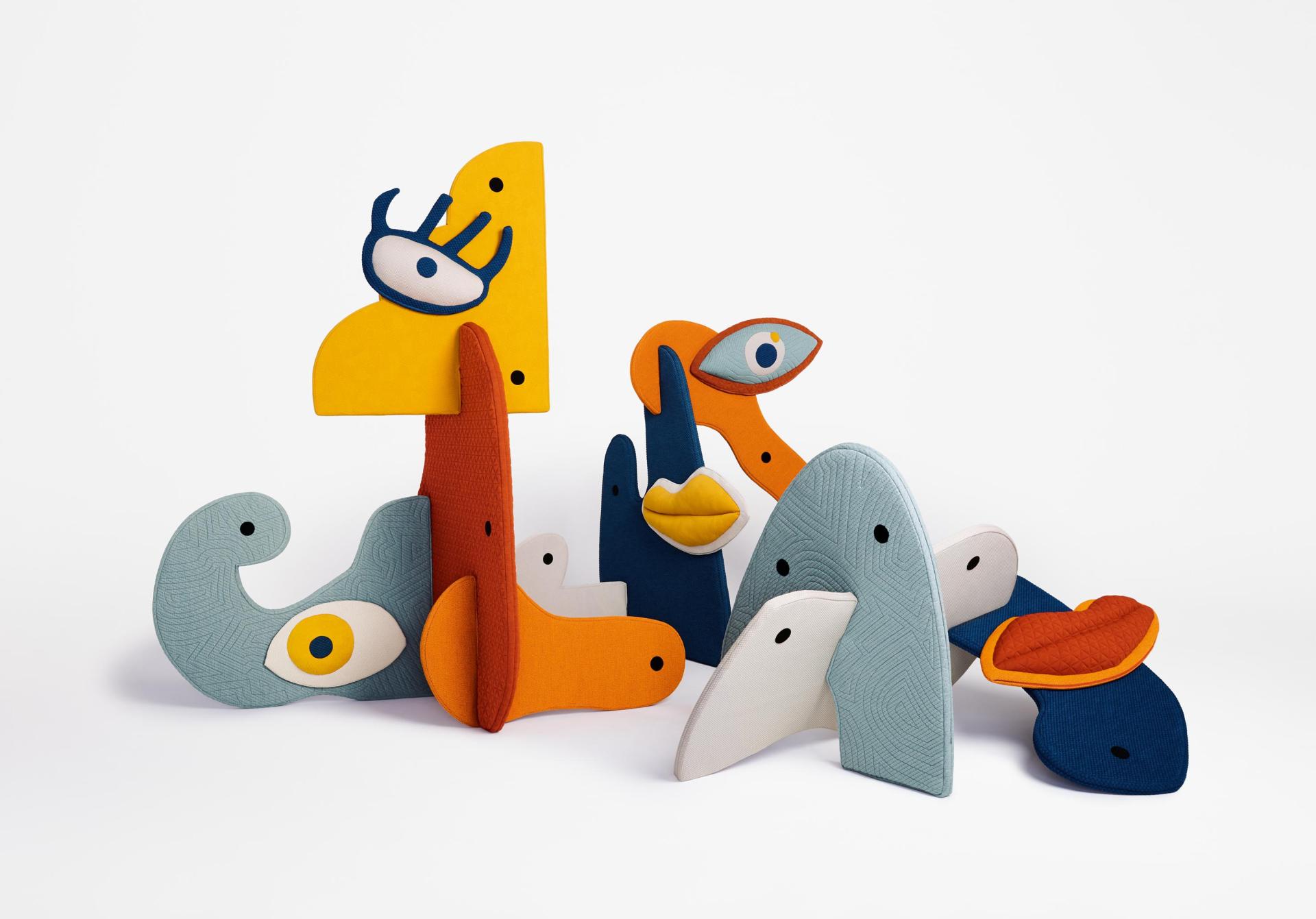 Colorful textile sculptures designed by various creators, showcasing innovative knitted textile designs from the Knit! by Kvadrat series.