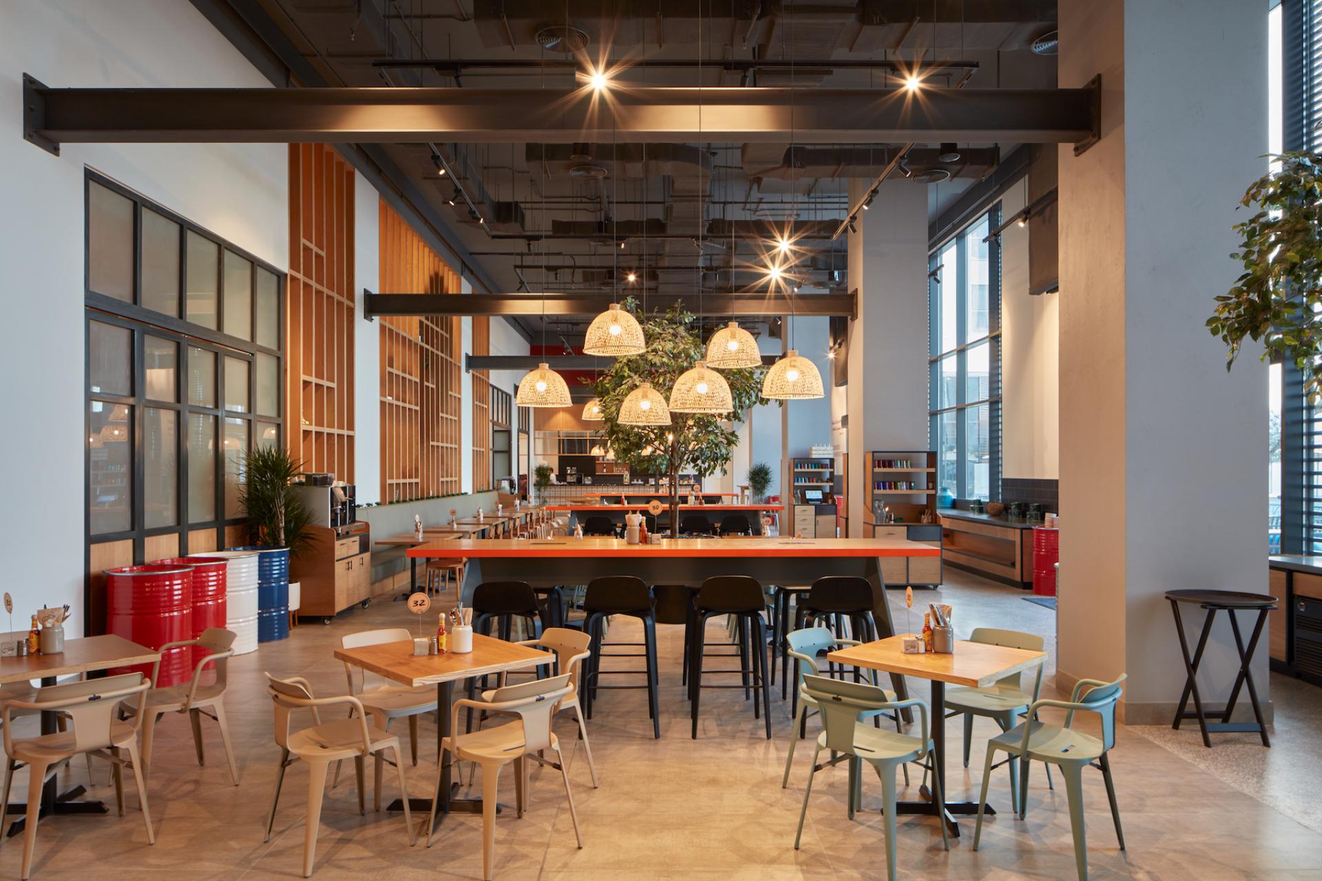 Stylish café interior featuring wooden tables, modern chairs, pendant lighting, and a lush indoor tree in Dubai.