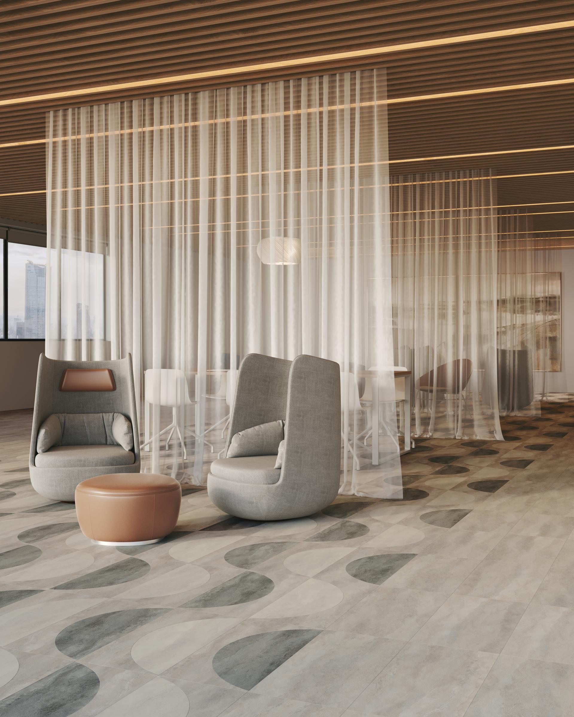 Contemporary commercial interior featuring Amtico's Signature LVT flooring, modern seating, and airy, light-filtering curtains.