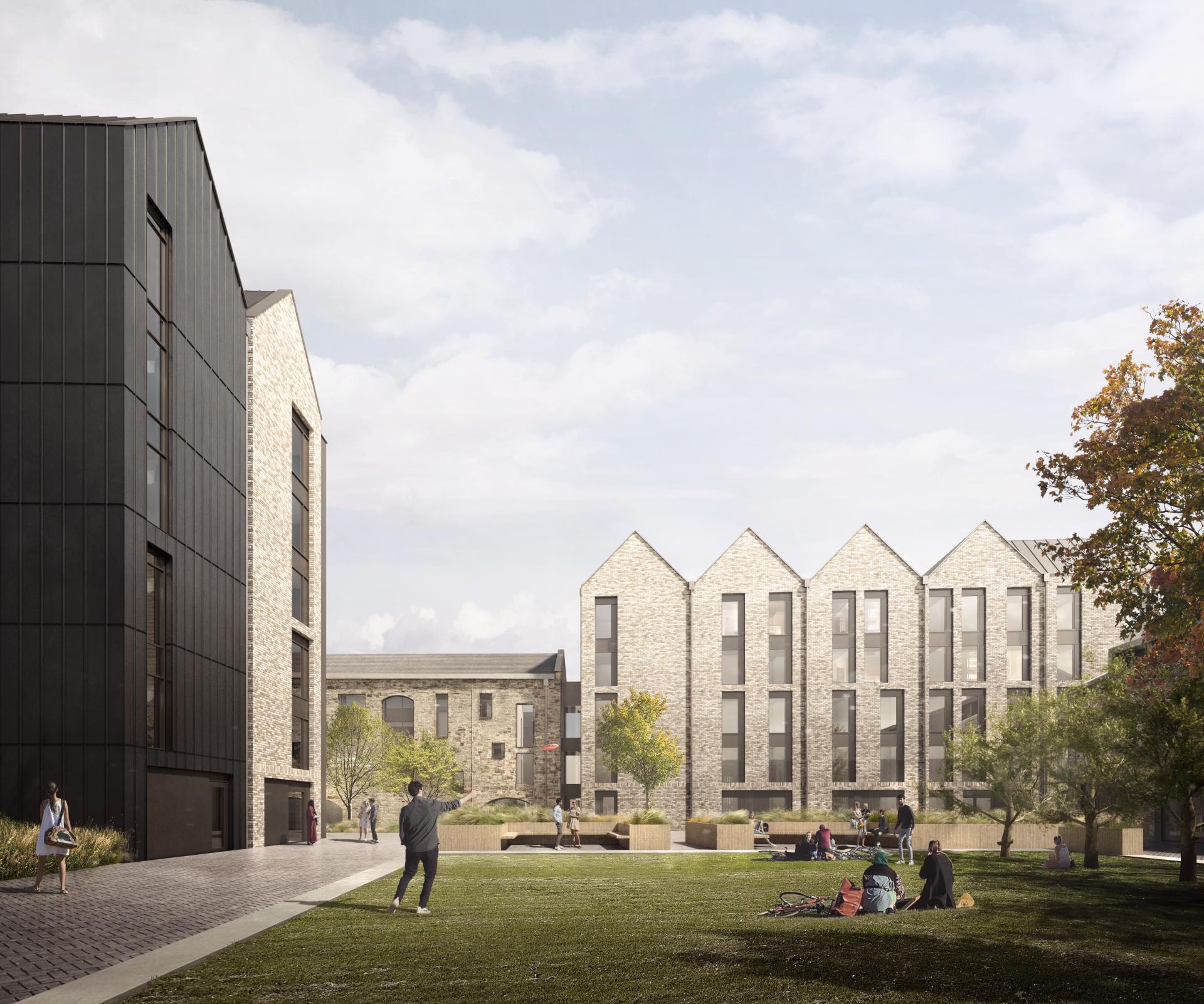 Modern residential buildings surrounded by green spaces, reflecting innovative architecture and community engagement in Scotland's housing sector.