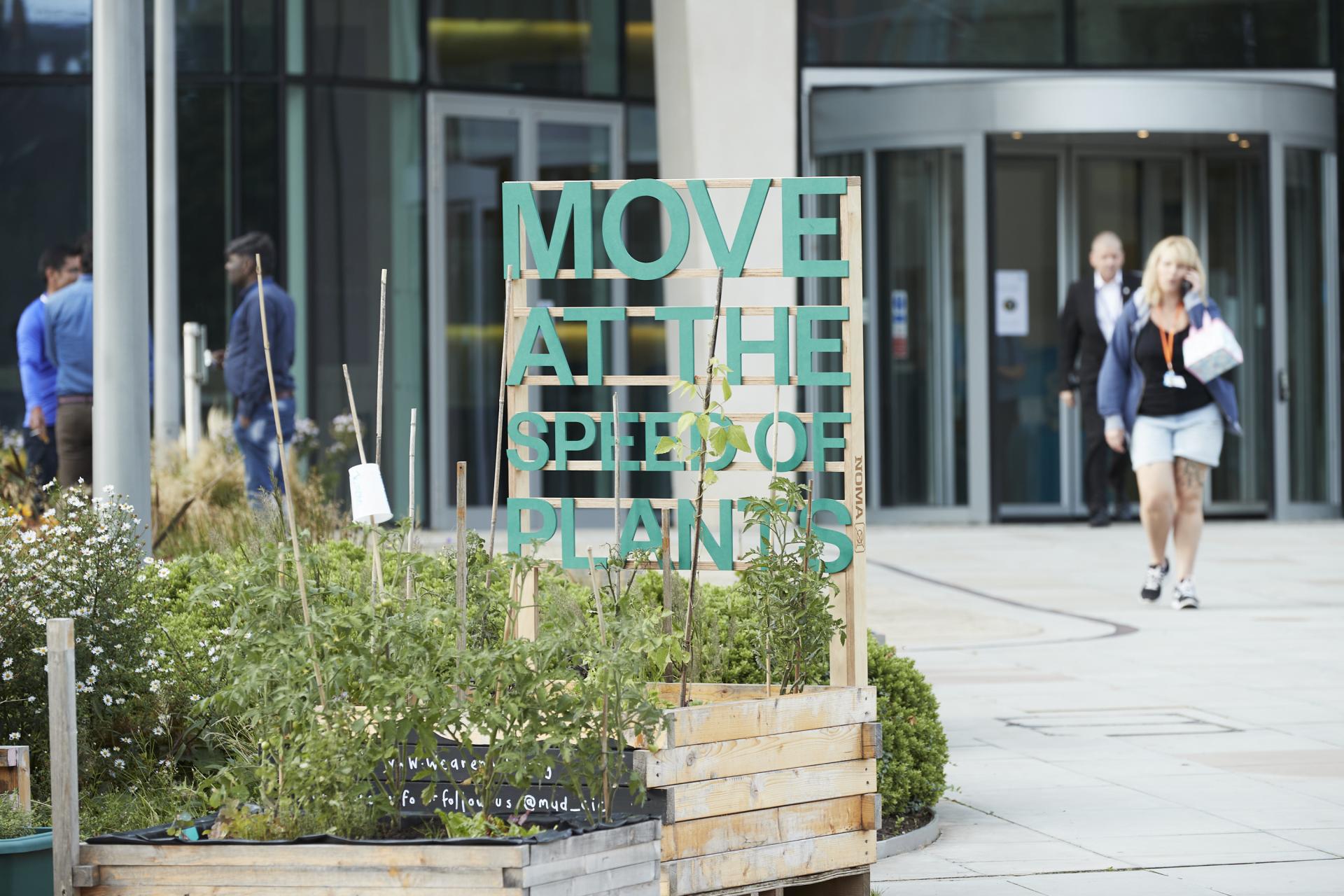 Uplifting garden sign in NOMA, Manchester, reading "MOVE AT THE SPEED OF PLANTS," promoting community and nature.
