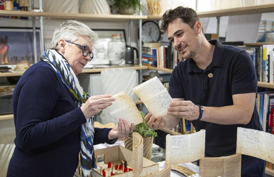 Anne Asensio and Arthur Mamou-Mani examine innovative design materials at the Design Museum during COP26 discussions.