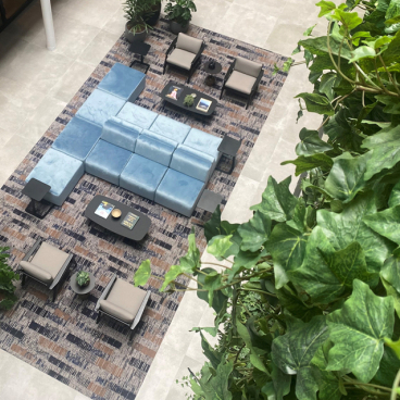 Bespoke rug design showcased in a modern lounge area of Sevendale House, featuring lush plants and contemporary seating.