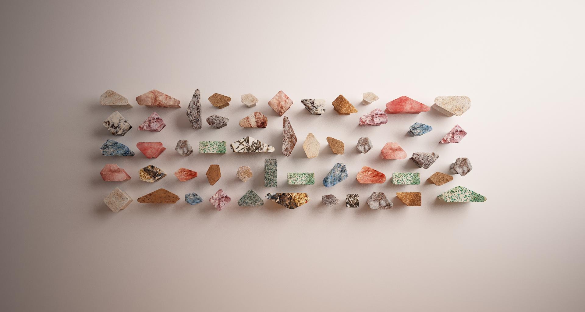 An array of colorful biomaterials and natural minerals displayed against a neutral background, showcasing sustainable product possibilities for 2025.