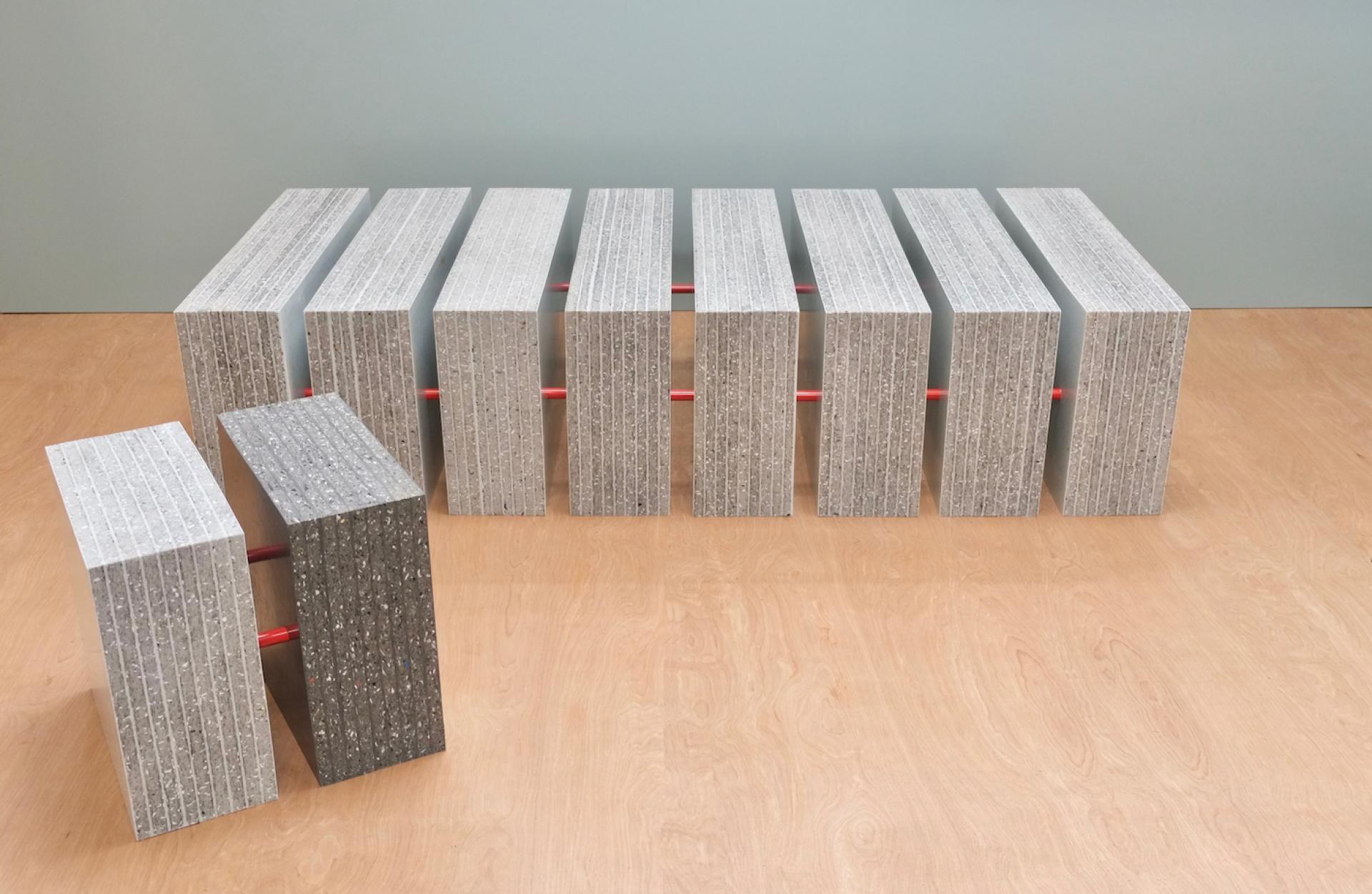 Modern benches made from 100% recycled plastic, showcasing innovative British-Finnish design at the designjunction event.