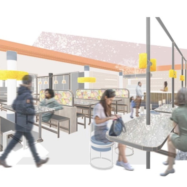 Modern interior design featuring a lively café space with patrons, colorful seating, and bright pendant lighting.