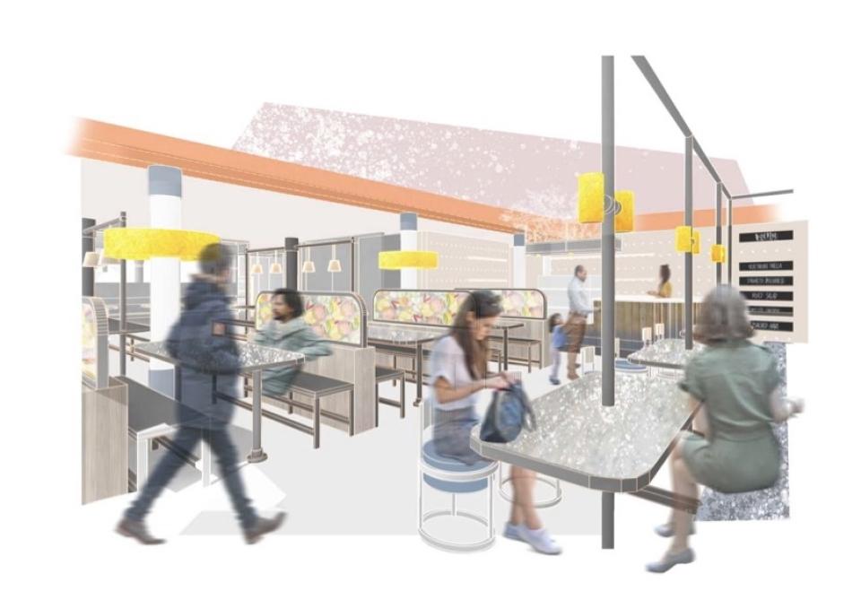 Modern interior design featuring a lively café space with patrons, colorful seating, and bright pendant lighting.