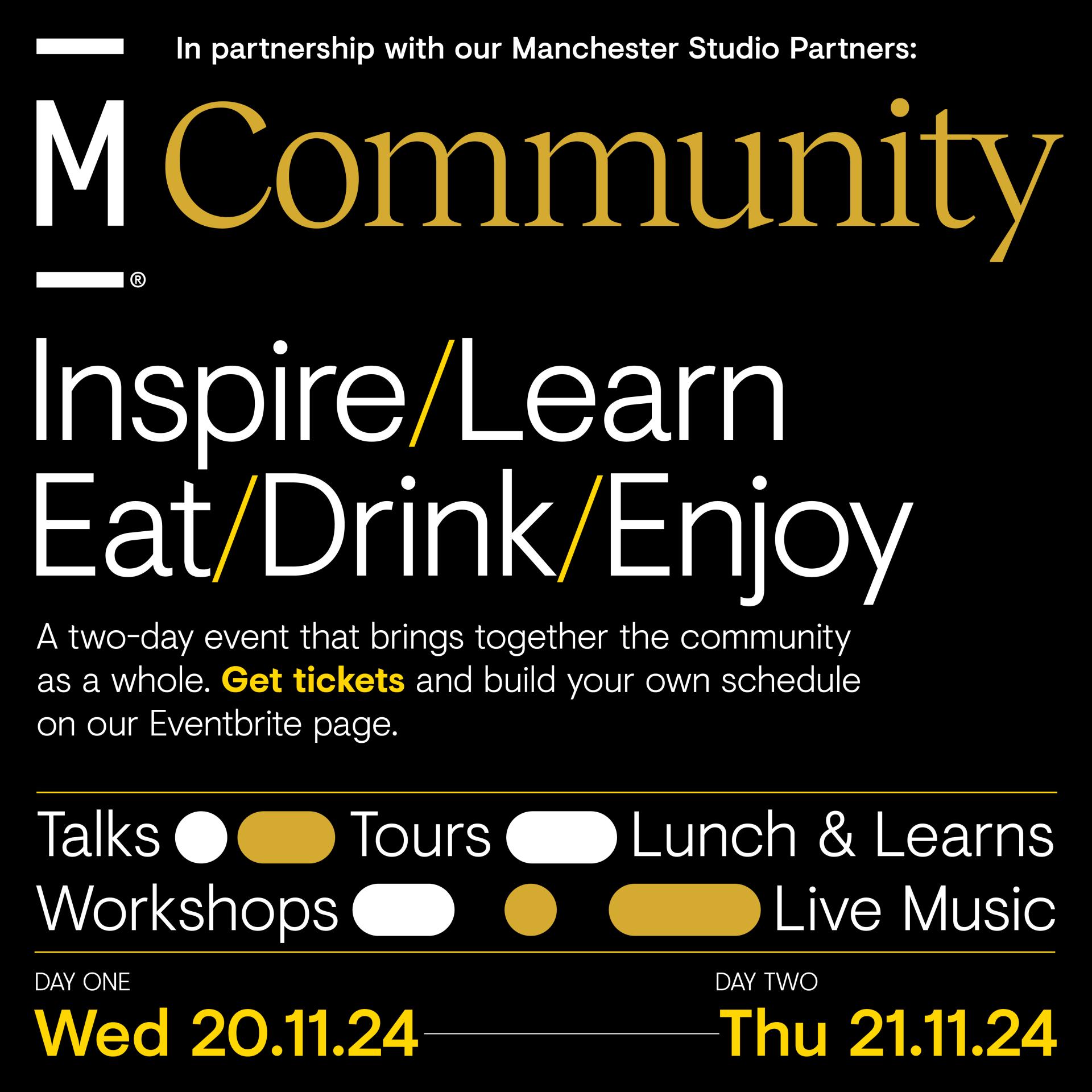 Community festival event schedule highlighting talks, workshops, and live music at Material Source Studio in Manchester.