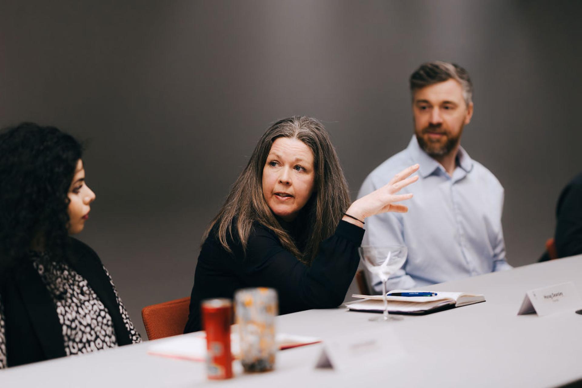 Discussion among professionals at a roundtable meeting focused on biomaterials and sustainability in design and engineering.
