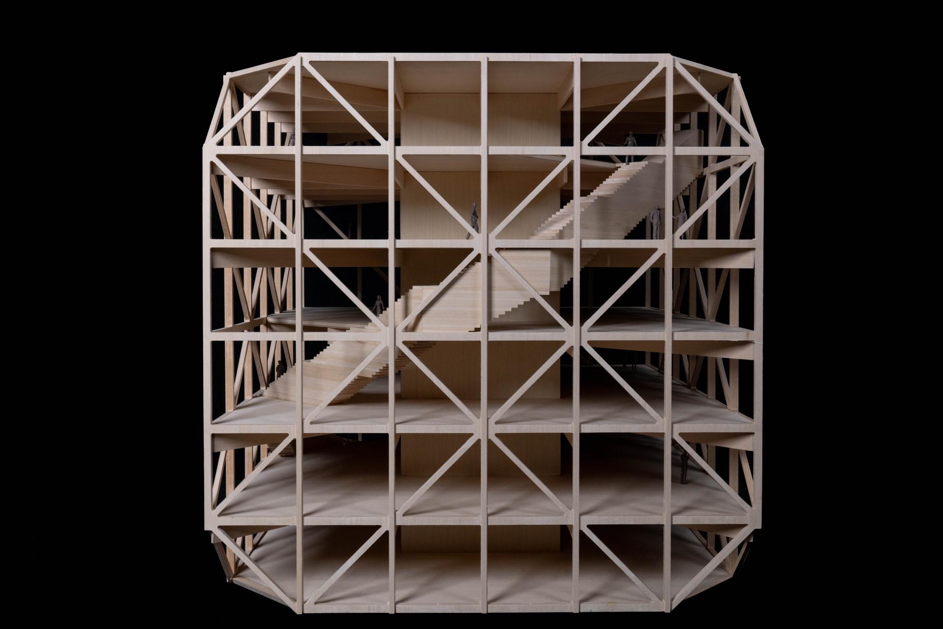 Architectural model of the Makers’ KUbe, a mass timber building for collaboration at the University of Kansas.