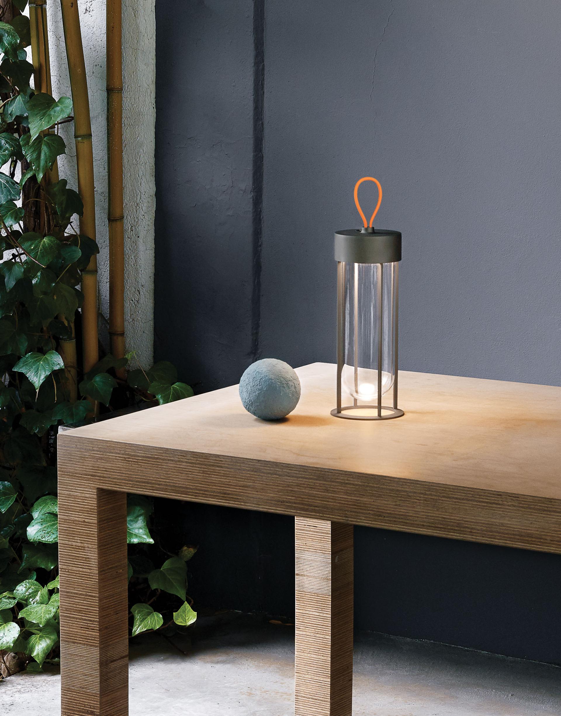 Portable outdoor lamp on a wooden table, surrounded by greenery, enhancing the ambiance of outdoor living spaces.