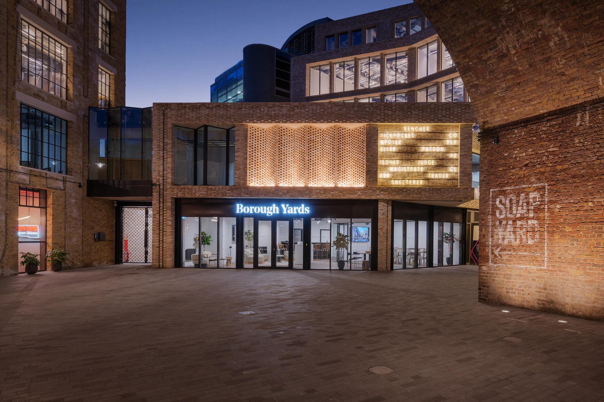 Modern architecture of Borough Yards in London, showcasing dining and cultural spaces in a vibrant setting.