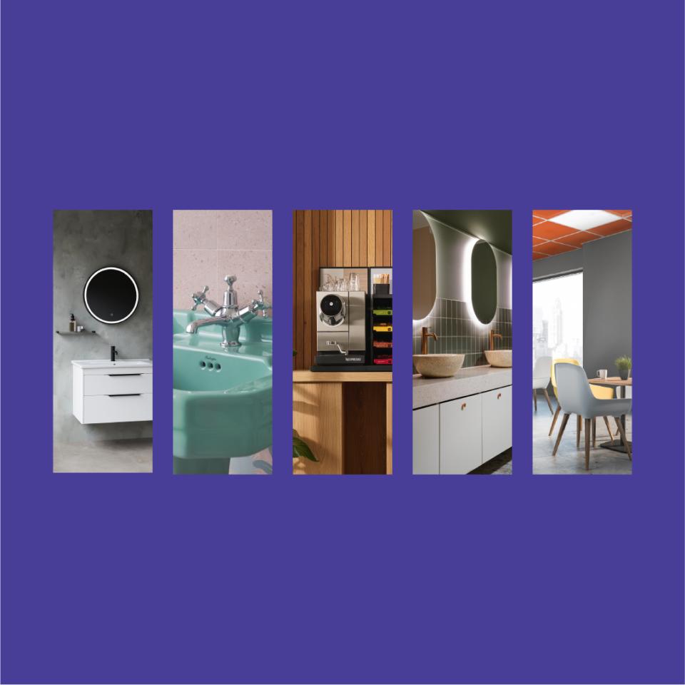 Variety of innovative interior design elements, featuring stylish bathrooms, kitchens, and modern decor from Material Source Studio Glasgow.