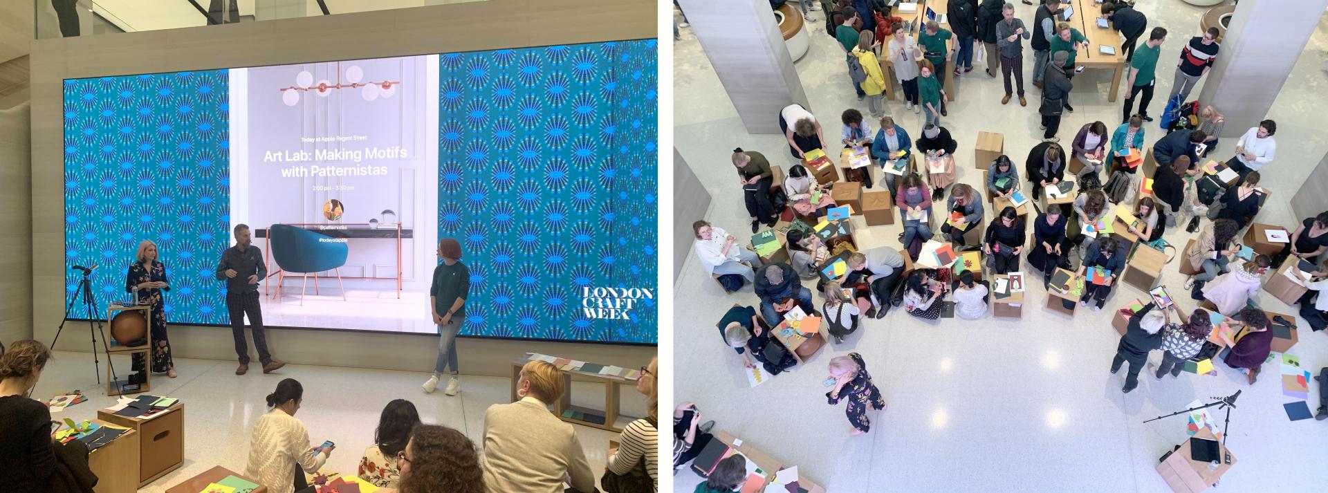 Participants engage in an Art Lab workshop creating motifs with Patternistas during London Craft Week, surrounded by colorful craft materials.