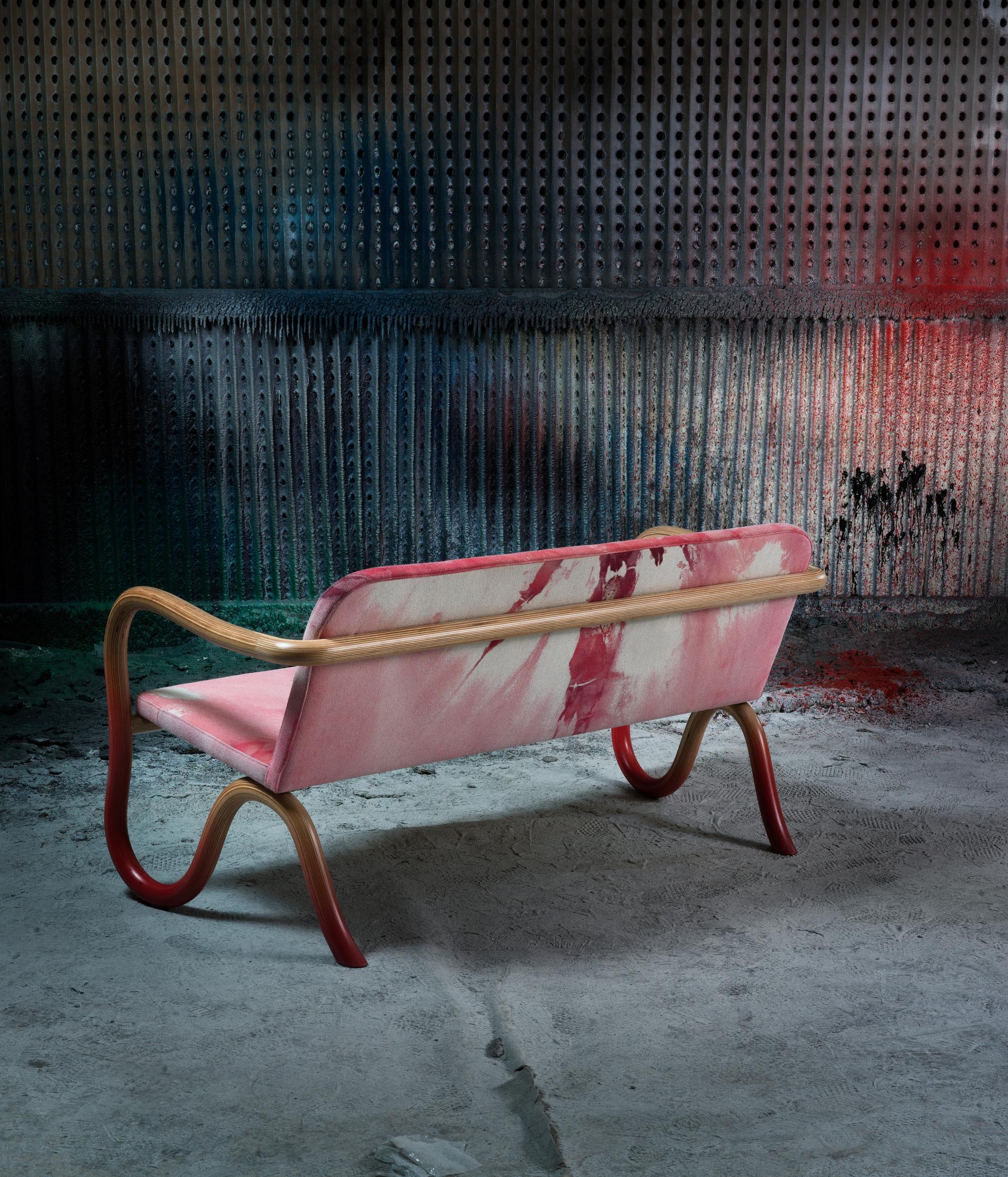 Bespoke Kolho bench featuring a vibrant pink and red design, designed by Matthew Day Jackson for Made by Choice and Formica Group.