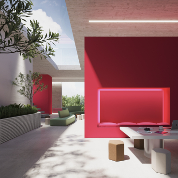 Brightly colored interior showcasing a modern design, featuring a striking pink wall and stylish furniture inspired by the Awakening Palette.