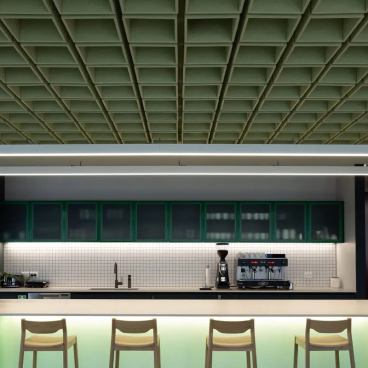 Sculptural acoustic ceiling tiles in a modern kitchen, enhancing aesthetics and sound absorption in interior design.