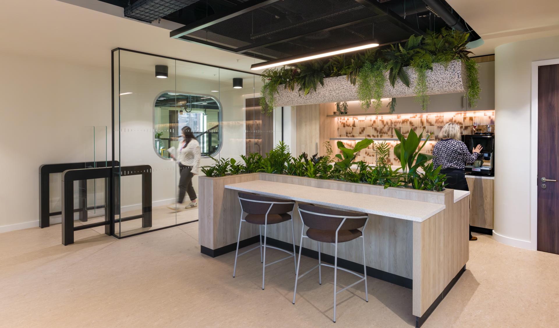 SpaceInvader's workplace scheme for Virgin Media O2 balances vibrancy with variety to support congregation and calm.