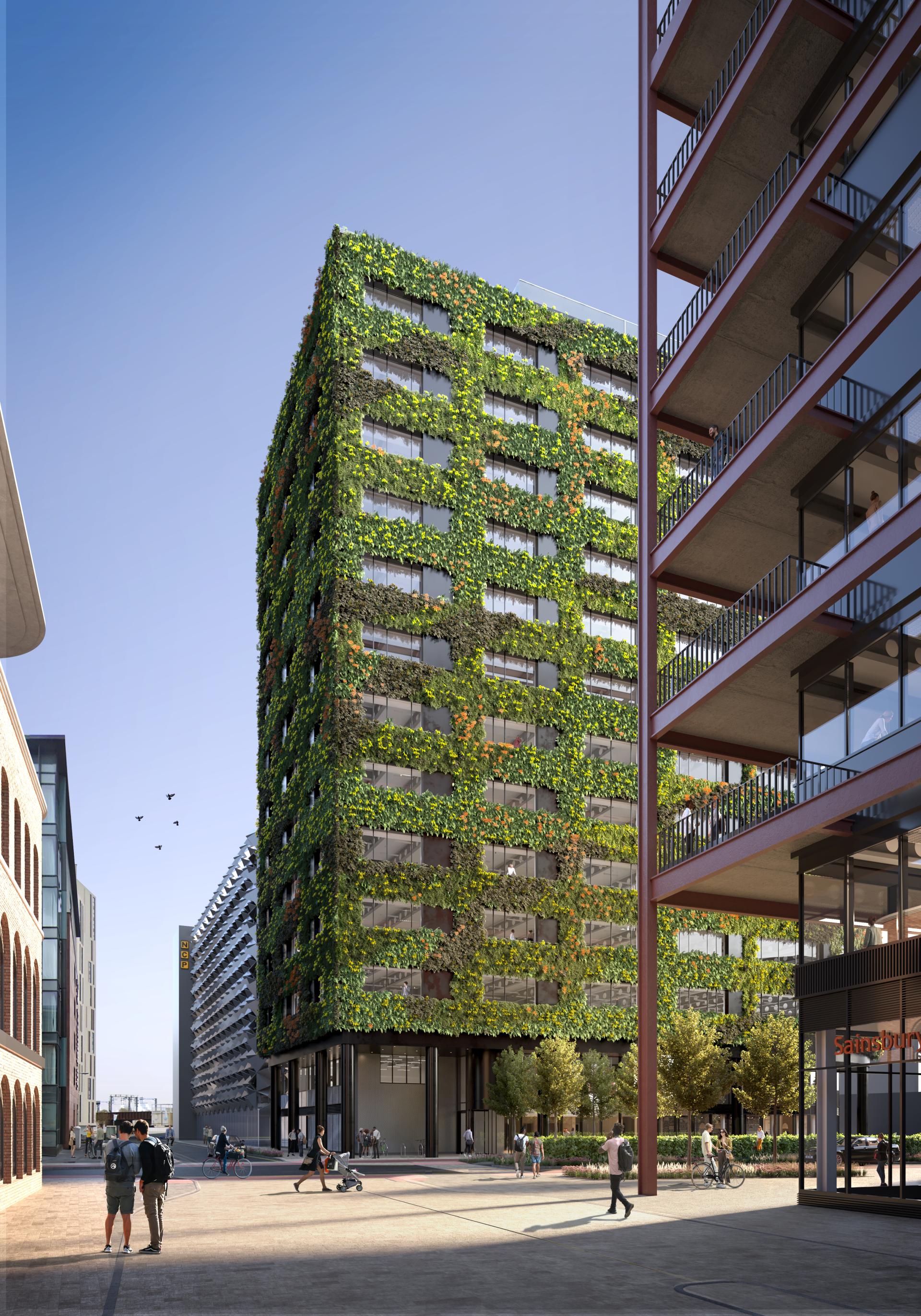 Sustainable architecture of Eden building at New Bailey Street, featuring green walls and urban biodiversity in Manchester.