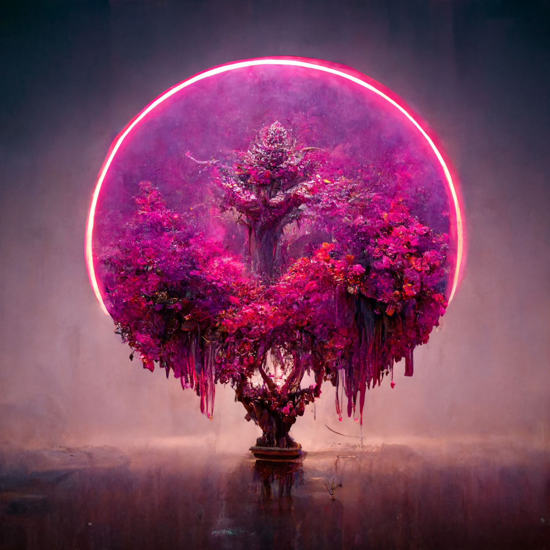 Vibrant, magenta-colored tree surrounded by ethereal mist, symbolizing Pantone's 2023 Color of the Year, Viva Magenta.