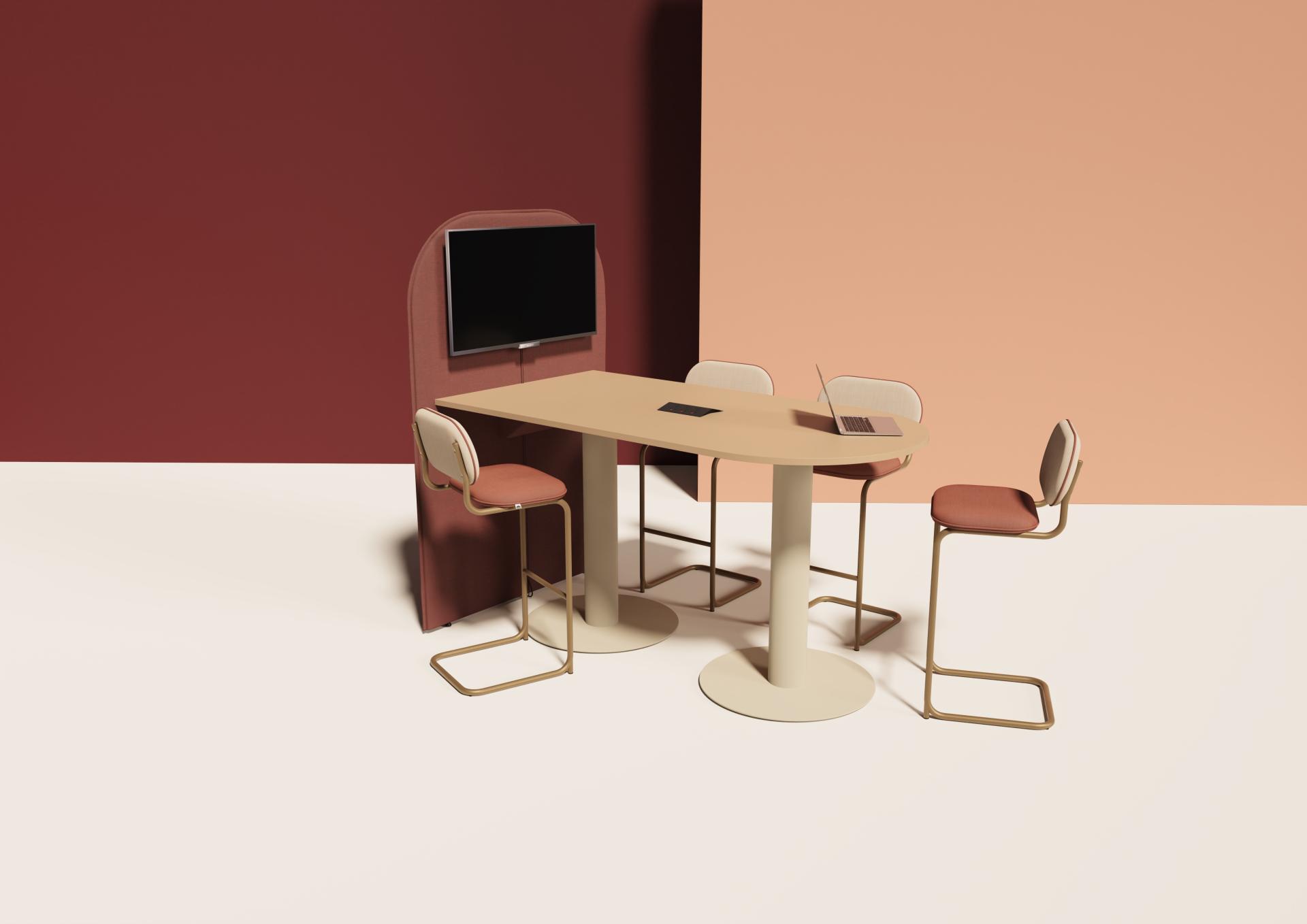 Contemporary workspace featuring the Piper collection table, stylish stools, and a wall-mounted TV, blending modern design elements.