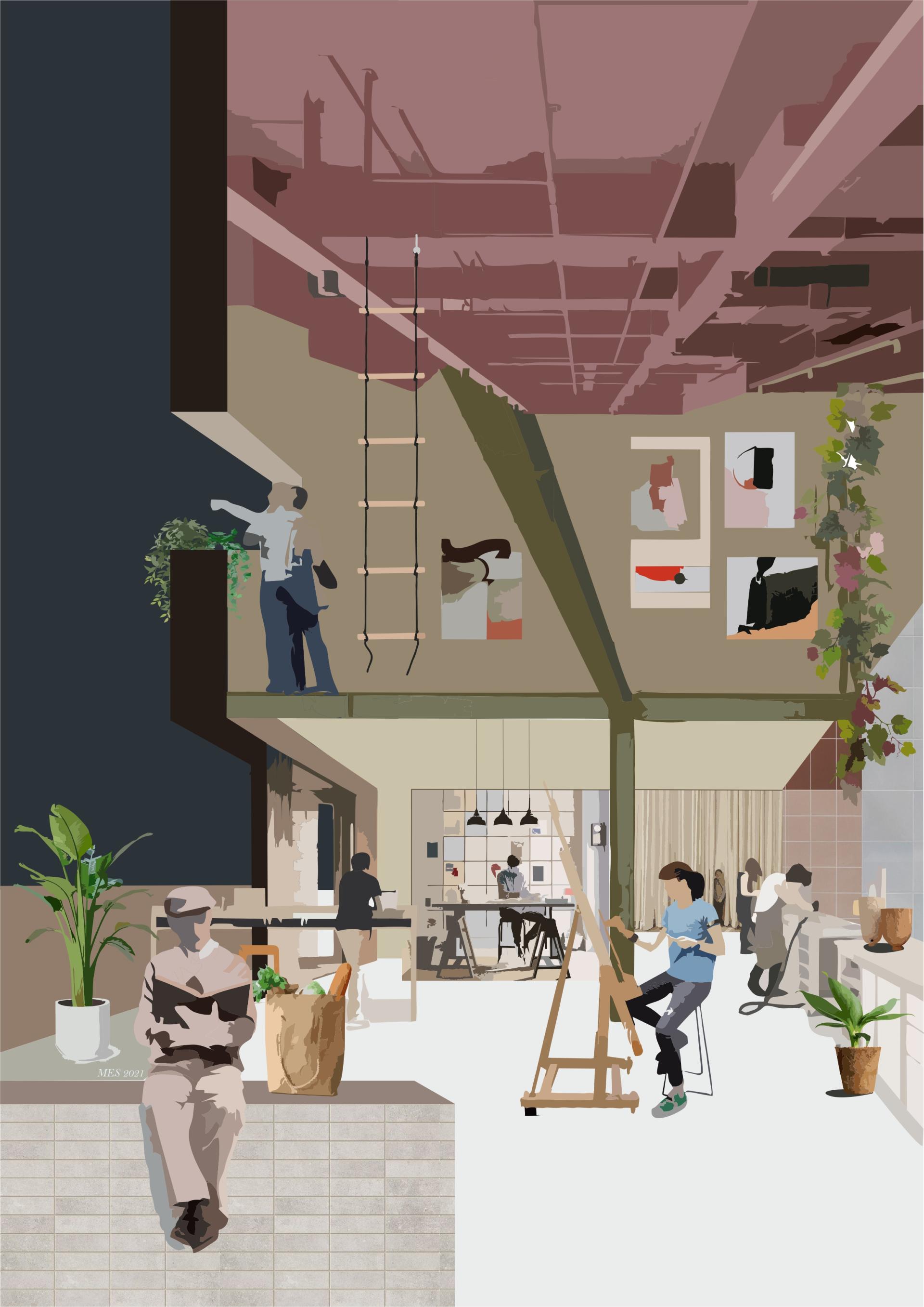 Co-living space featuring individuals engaged in creative activities, showcasing collaboration and community in a shared environment.